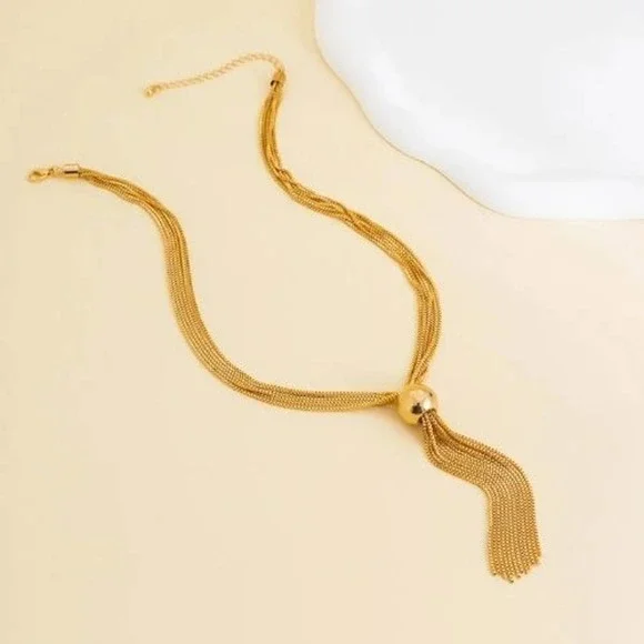 NEW Tassel Choker Necklace Ball Decor Twisted Snake Chain Lobster Claw - Picture 2 of 12